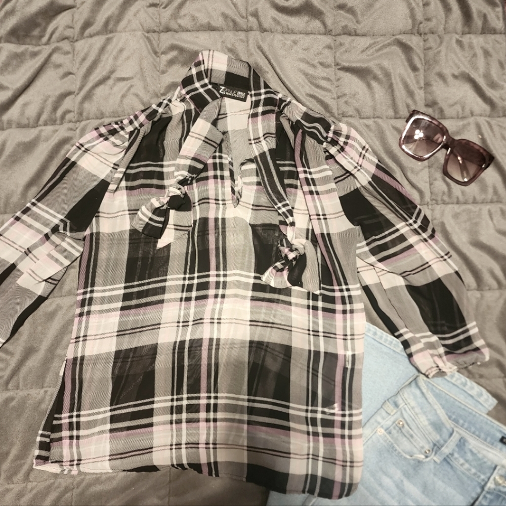 7th Avenue Sheer Plaid Blouse size S